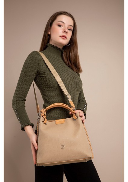 4 Bölmeli Büyük Boy Örgülü Model Ayarlanabilir Askılı Kadin Omuz Cantasi 4031 Kum Vizon