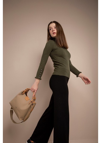 4 Bölmeli Büyük Boy Örgülü Model Ayarlanabilir Askılı Kadin Omuz Cantasi 4031 Kum Vizon modelleri