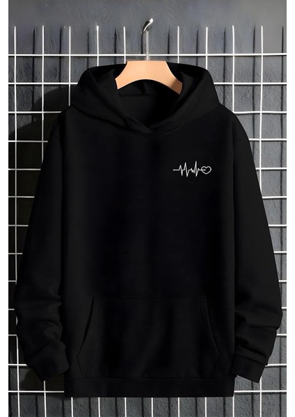Kalp Ritim Baskılı Pamuklu Erkek Sweatshirt