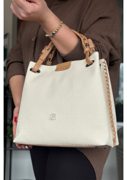 4 Bölmeli Büyük Boy Örgülü Model Ayarlanabilir Askılı Kadin Omuz Cantasi 4031 Krem