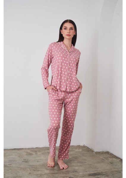 24501 Kadın Düğmeli Puantiyeli Pembe Yumoş Pijama Takım