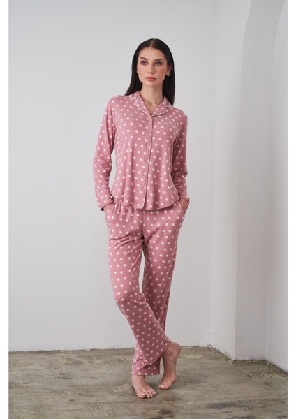 24501 Kadın Düğmeli Puantiyeli Pembe Yumoş Pijama Takım