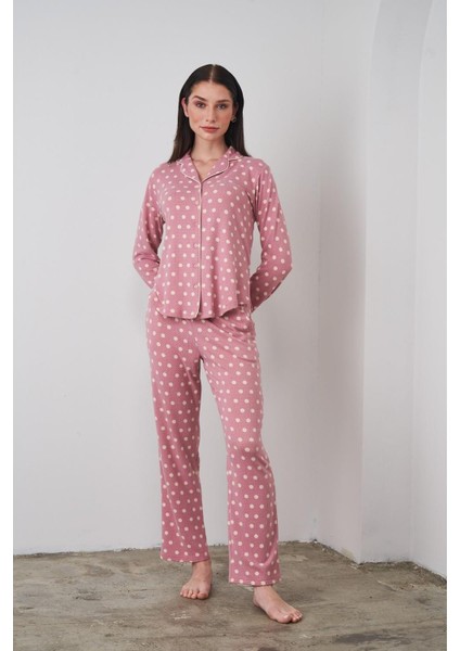 24501 Kadın Düğmeli Puantiyeli Pembe Yumoş Pijama Takım