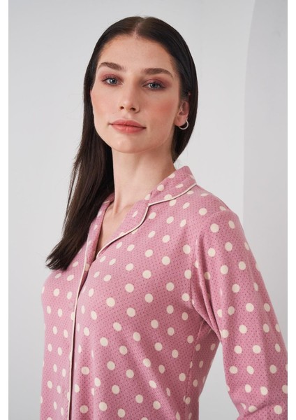 24501 Kadın Düğmeli Puantiyeli Pembe Yumoş Pijama Takım