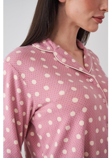 24501 Kadın Düğmeli Puantiyeli Pembe Yumoş Pijama Takım
