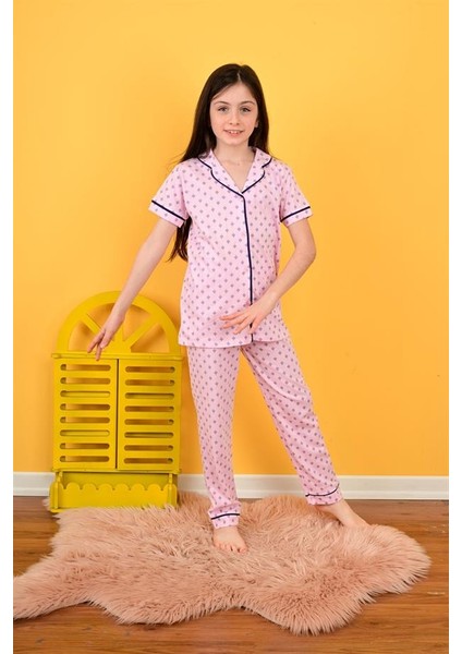 Kız Çocuk Kısa Kollu Düğmeli Pijama Takımı Saray Model Pembe