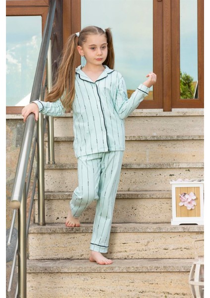 Kız Çocuk Uzun Kollu Düğmeli Pijama Takımı Stay Focused Mint