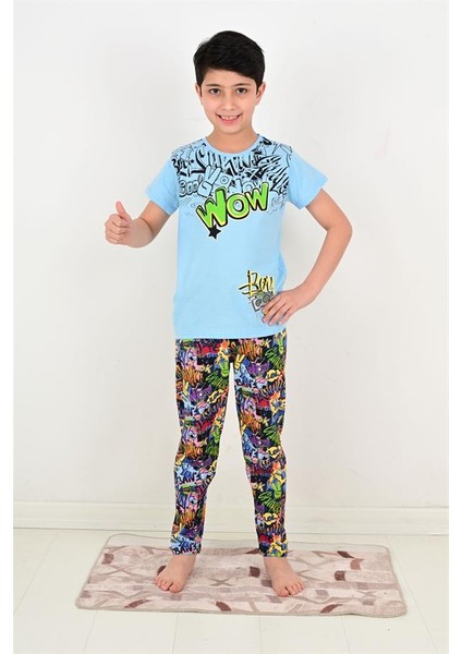 Erkek Çocuk Kısa Kollu Pijama Takımı Wow Model Mavi