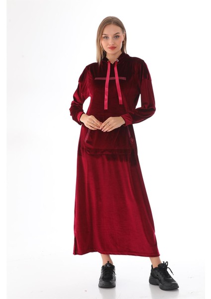 Taş Baskılı Kanguru Cep Kadife Uzun Elbise Bordo modelleri