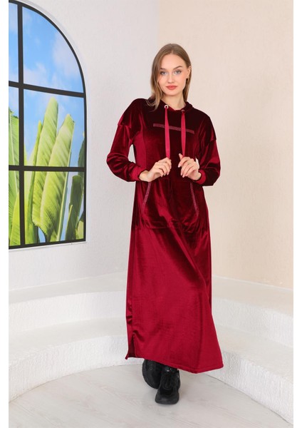 Taş Baskılı Kanguru Cep Kadife Uzun Elbise Bordo fırsatları