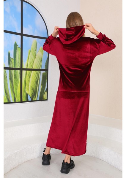 Taş Baskılı Kanguru Cep Kadife Uzun Elbise Bordo indirimleri