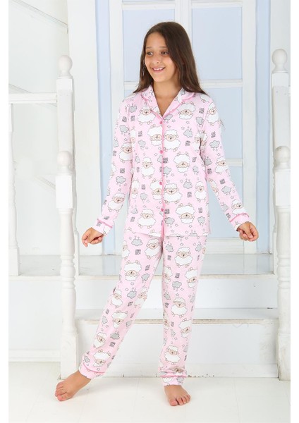 Kız Düğmeli Pijama Takımı Kuzulu 'good Night' Model Uzun Kollu