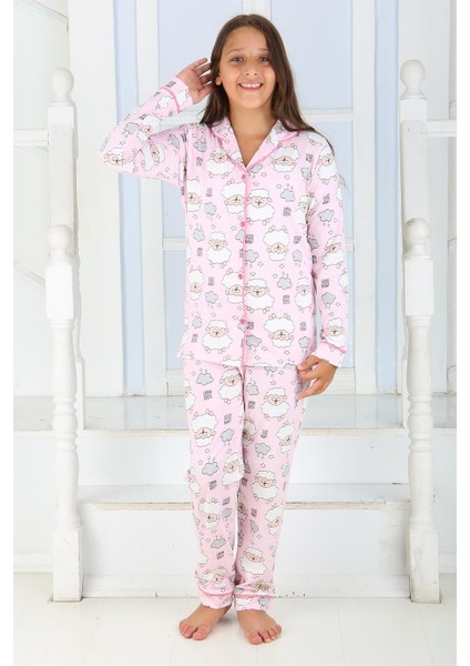 Kız Düğmeli Pijama Takımı Kuzulu 'good Night' Model Uzun Kollu modelleri