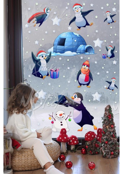Sevimli Penguenler Kutup Macerası Kış Konseptli Yeni Yıl Yılbaşı Sticker Seti, Kış Konseptli Sticker