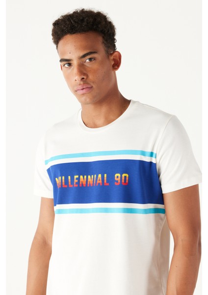 Erkek Ekru Slim Fit Dar Kesim Bisiklet Yaka %100 Pamuk Baskılı Tişört fırsatları