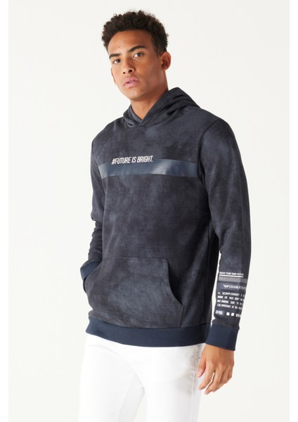 Erkek Lacivert Standart Fit 3 Iplik Kapüşonlu Batik Görünümlü Ayarlanabilir Ipli Baskılı Sweatshirt
