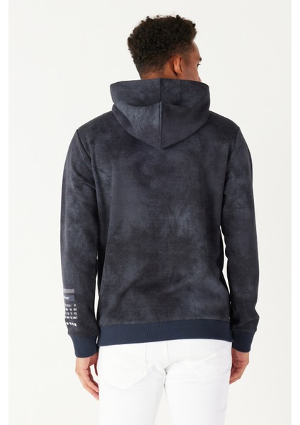 Erkek Lacivert Standart Fit 3 Iplik Kapüşonlu Batik Görünümlü Ayarlanabilir Ipli Baskılı Sweatshirt