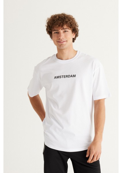 Erkek Beyaz Long Fit %100 Pamuk Oval Kesim Bisiklet Yaka Amsterdam Baskılı Tişört modelleri