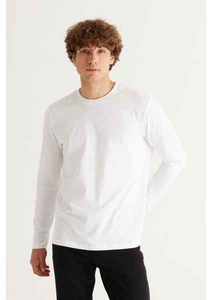 AC&Co / Altınyıldız Classics Erkek Beyaz Slim Fit Dar Kesim Bisiklet Yaka %100 Pamuk Baskılı Tişört