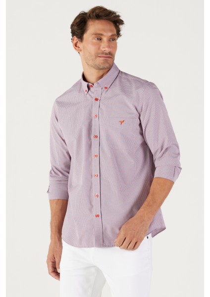 Erkek Lacivert-kırmızı Slim Fit Dar Kesim Düğmeli Yaka Logolu Pamuklu Cepli Çizgili Gömlek