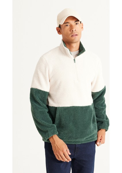 Erkek Tas-koyu Yesıl Standart Fit Dik Bato Yaka Kanguru Cepli Çift Renkli Sherpa Polar Sweatshirt