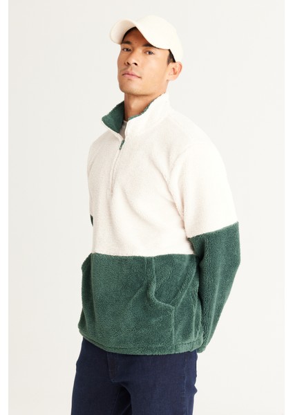 Erkek Tas-koyu Yesıl Standart Fit Dik Bato Yaka Kanguru Cepli Çift Renkli Sherpa Polar Sweatshirt