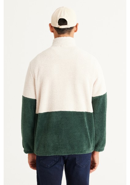 Erkek Tas-koyu Yesıl Standart Fit Dik Bato Yaka Kanguru Cepli Çift Renkli Sherpa Polar Sweatshirt