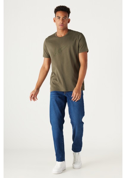 Erkek Haki Slim Fit Dar Kesim Bisiklet Yaka %100 Pamuk Baskılı Tişört