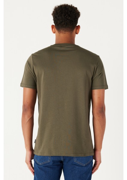 Erkek Haki Slim Fit Dar Kesim Bisiklet Yaka %100 Pamuk Baskılı Tişört