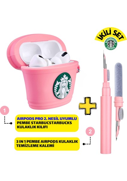 Pro 2. Nesil Uyumlu Starbucks Pembe Kulaklık Kılıfı ve Pembe 3'ü 1 Arada Kulaklık Temizleme Kalemi