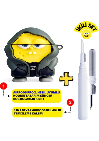 Pro 2. Nesil Uyumlu Hoodie Sünger Bob Kulaklık Kılıfı ve Beyaz 3'ü 1 Arada Kulaklık Temizleme Kalemi