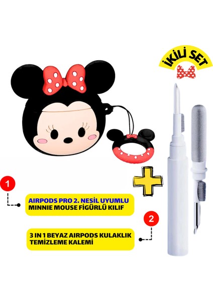 Pro 2. Nesil Uyumlu Minnie Mouse Kulaklık Kılıfı ve Beyaz 3'ü 1 Arada Kulaklık Temizleme Kalemi