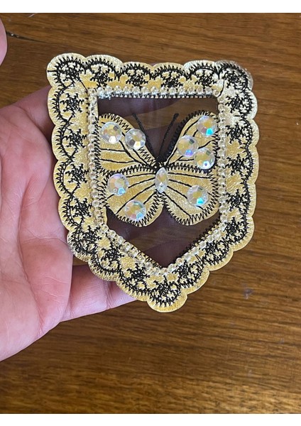 9x8 cm Gümüş Renk Çerçeveli Zirkon Taşlı Kelebek Aplike Arma Yama Dikiş Hobi Aksesuarı