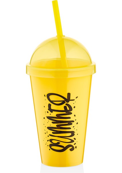 Summer Plastik Pipetli Bardak Matara Sarı Renk