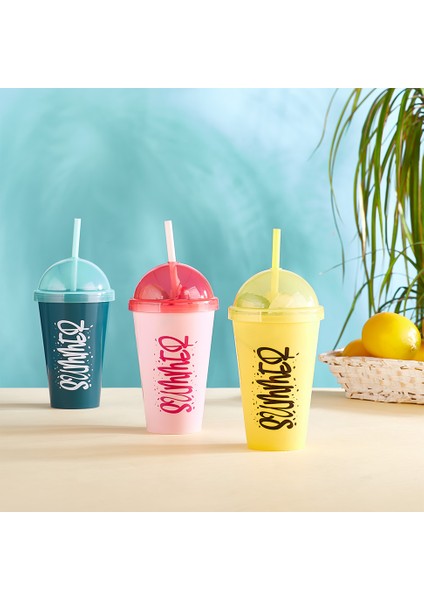 Summer Plastik Pipetli Bardak Matara Sarı Renk