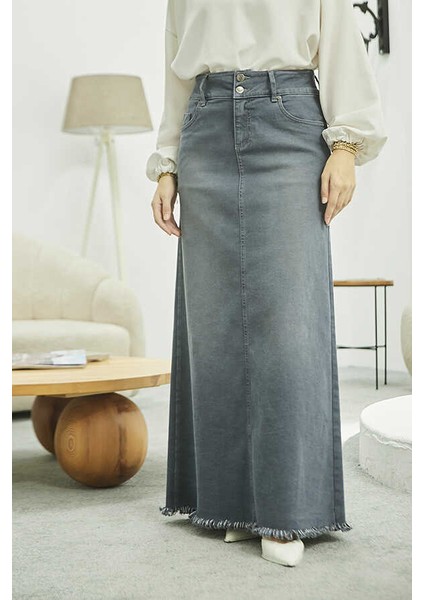 2252-DENIM Eteği Püsküllü Etek Gri