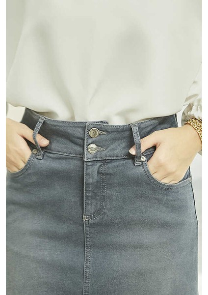 2252-DENIM Eteği Püsküllü Etek Gri fırsatları