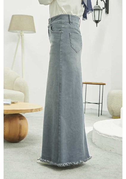 2252-DENIM Eteği Püsküllü Etek Gri