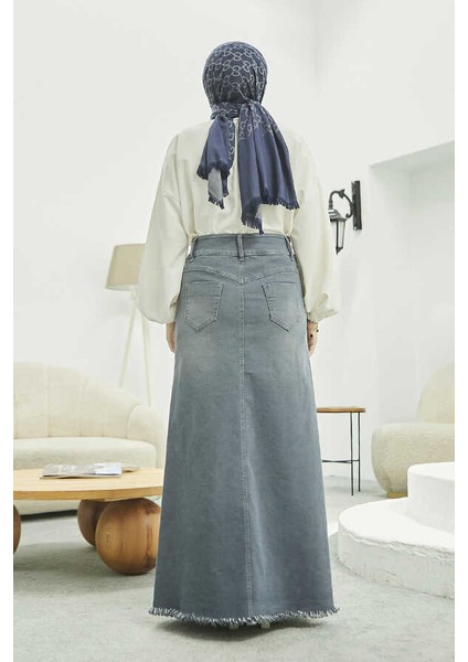 2252-DENIM Eteği Püsküllü Etek Gri