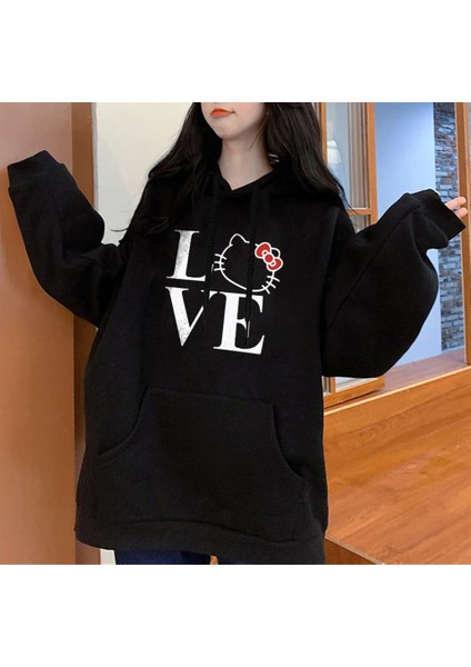Love Cat Baskılı Siyah Oversize Kapüşonlu Sweatshirt