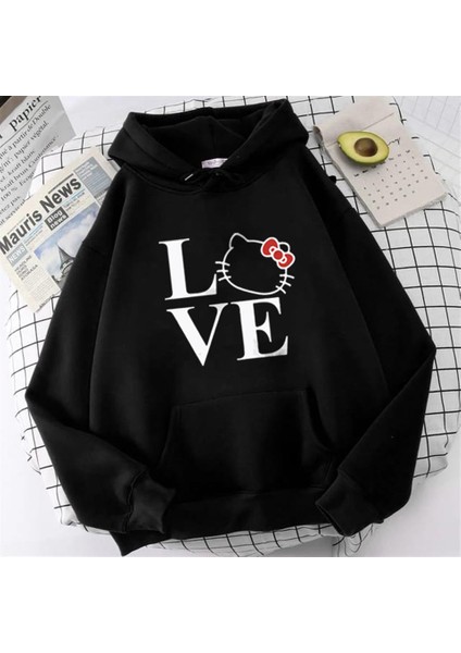 Love Cat Baskılı Siyah Oversize Kapüşonlu Sweatshirt fiyatları