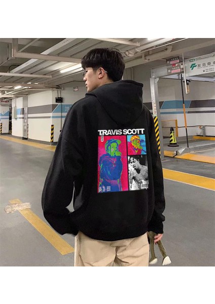 Travis Scott Baskılı Siyah Oversize Kapüşonlu Sweatshirt