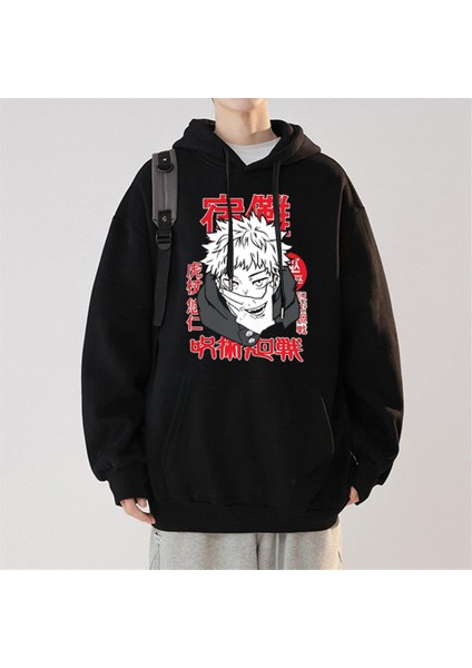 Jujutsu Kaisen Poster Baskılı Siyah Oversize Kapüşonlu Sweatshirt