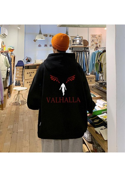 Y2K Valhalla Sırt Baskılı Siyah Oversize Kapüşonlu Sweatshirt