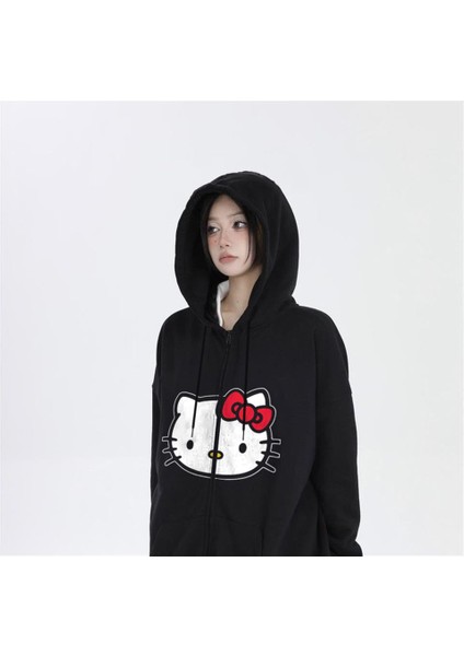 Hello Kitty Head Baskı Oversize Fermuarlı Siyah Kapüşonlu Hırka