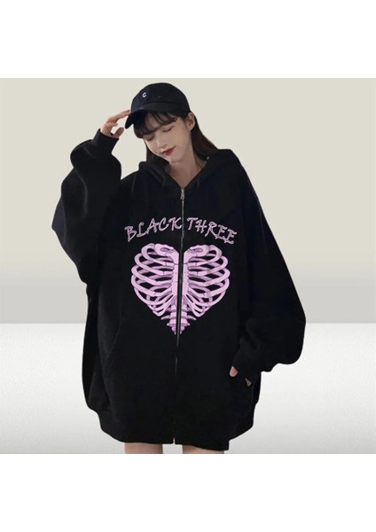 Black Three Cage Heart Baskılı Oversize Fermuarlı Siyah Kapüşonlu Hırka