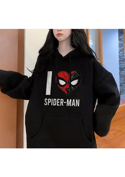 I Love Spider-Man Baskılı Siyah Oversize Kapüşonlu Sweatshirt