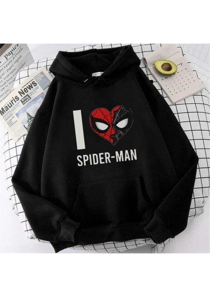 I Love Spider-Man Baskılı Siyah Oversize Kapüşonlu Sweatshirt fiyatları
