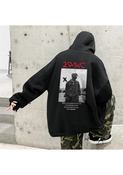 2Pac Shakur Baskılı Siyah Oversize Kapüşonlu Sweatshirt