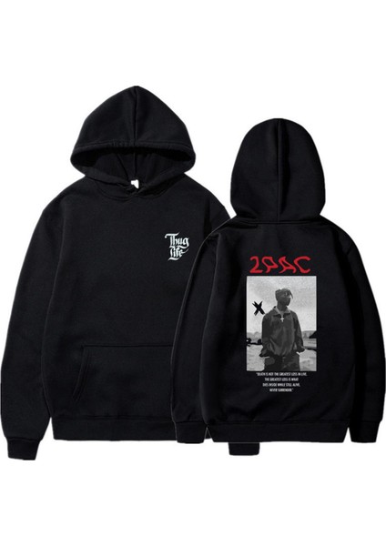 2Pac Shakur Baskılı Siyah Oversize Kapüşonlu Sweatshirt